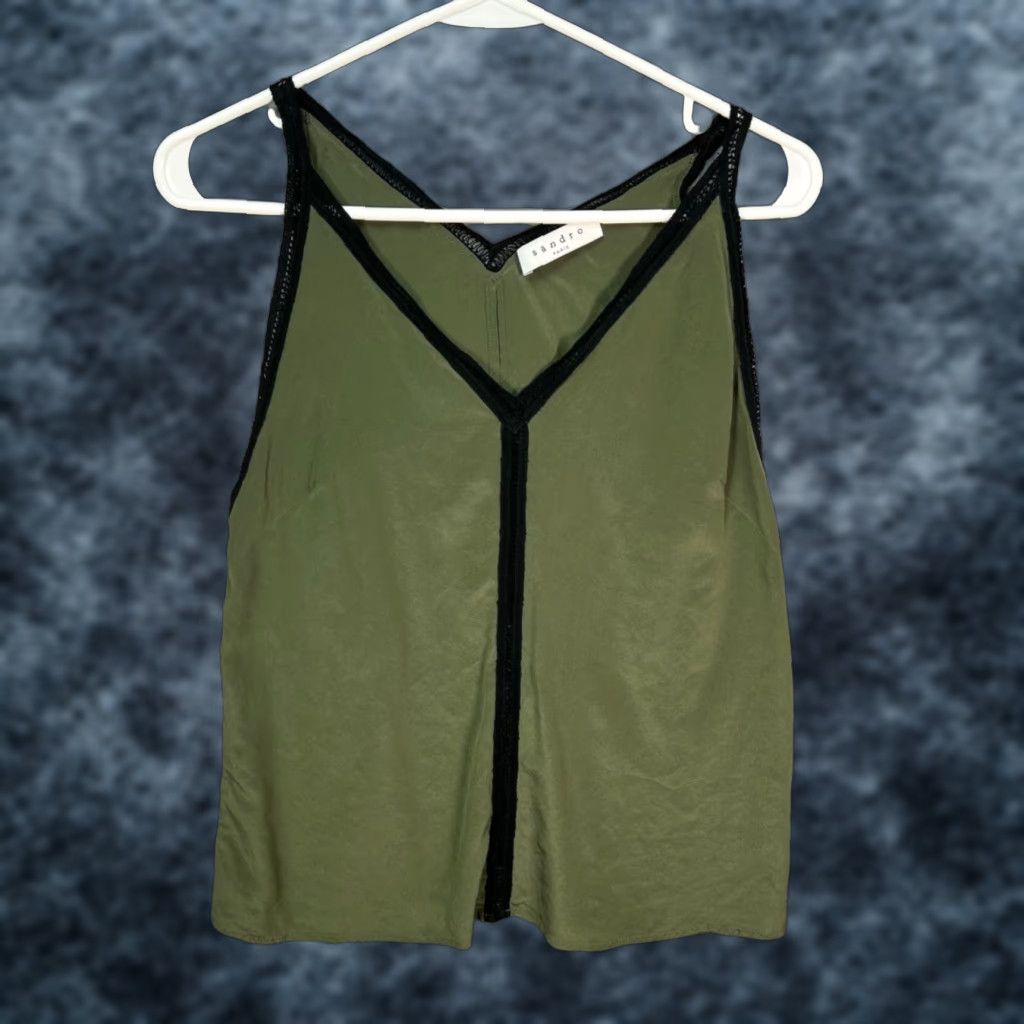 Sandro Sandro Paris Olive Green Sleeveless Silk Top With Black Lace Trim Womens Size 1 Blouse V-Neck Sleeveless Olive Sandro Paris Womens 1 Current Size XS / US 0-2 / IT 36-38 - 1 Thumbnail