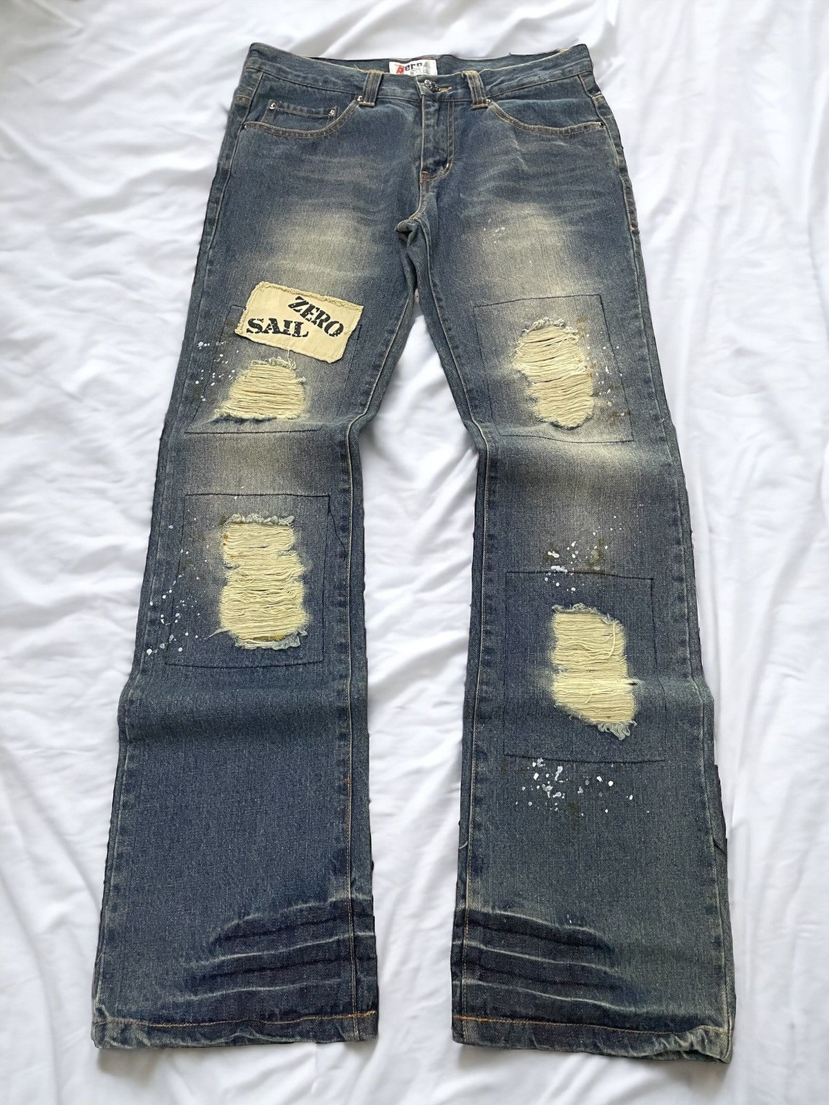 Zaero sail Japan Patch Work Distressed Dirty Blue Wash Jeans