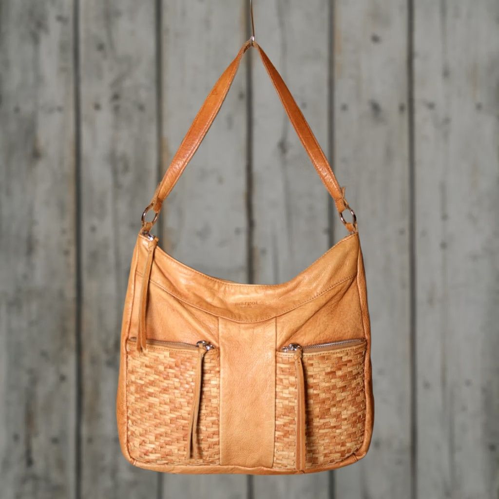 Vintage MARGOT Tan Woven Leather Shoulder Bag Women Medium Tan Leather Shoulder Bag Mens? Size ONE SIZE - 1 Thumbnail