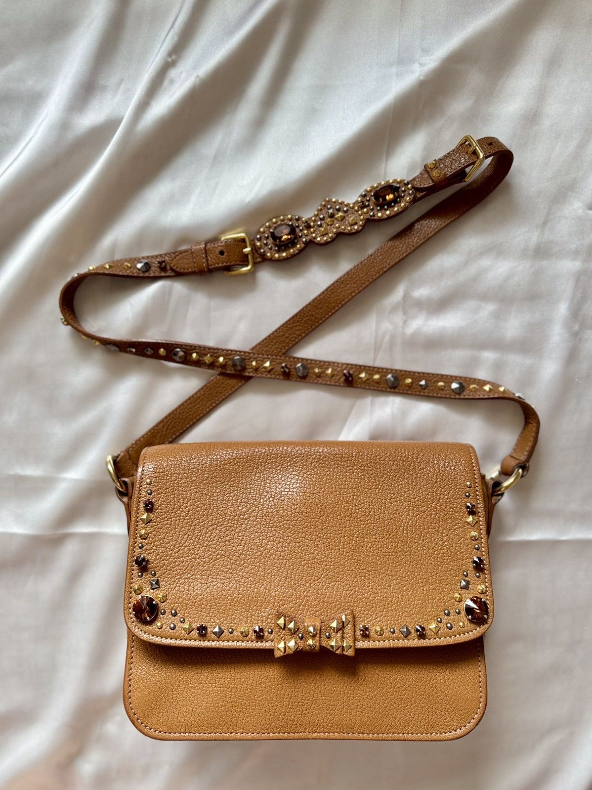 Authentic MIU MIU Brown Madras Leather Crystal Crossbody Bag