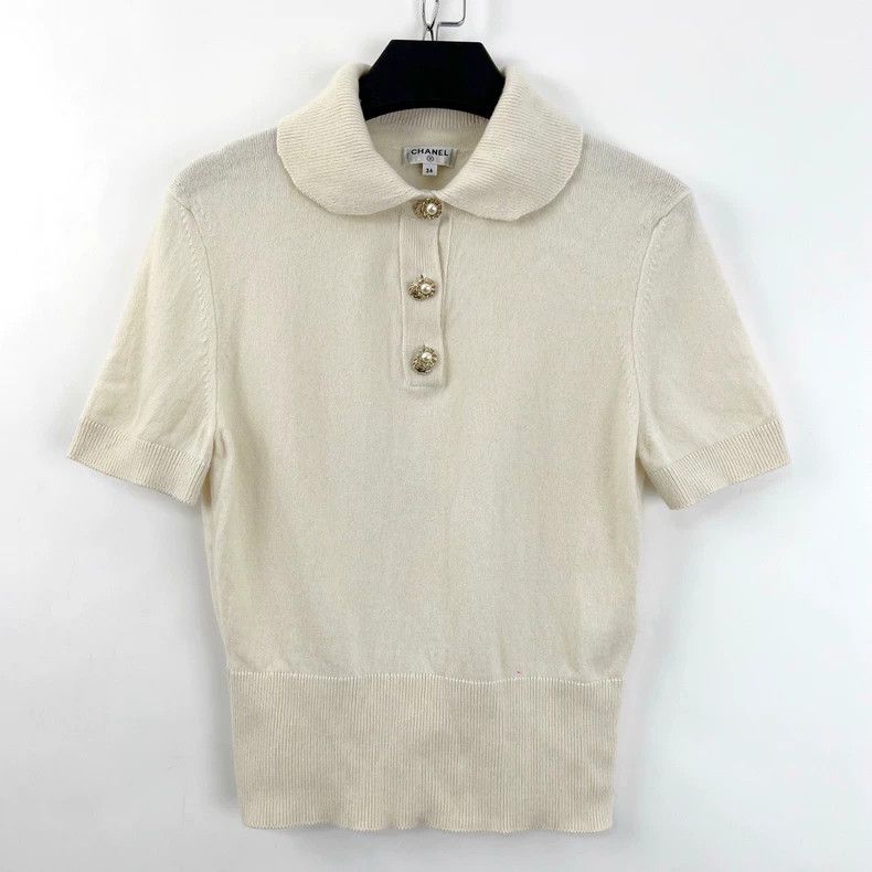 Chanel Chanel Beige pearl buckle lapel knitted short sleeves Size XXS / US 00 / IT 34 - 1 Thumbnail