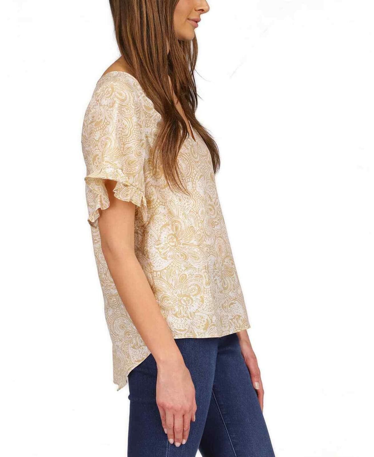Michael Kors MICHAEL Michael Kors Khaki Paisley-Print Ruffled-Sleeve Top Size XL / US 12-14 / IT 48-50 - 4 Thumbnail
