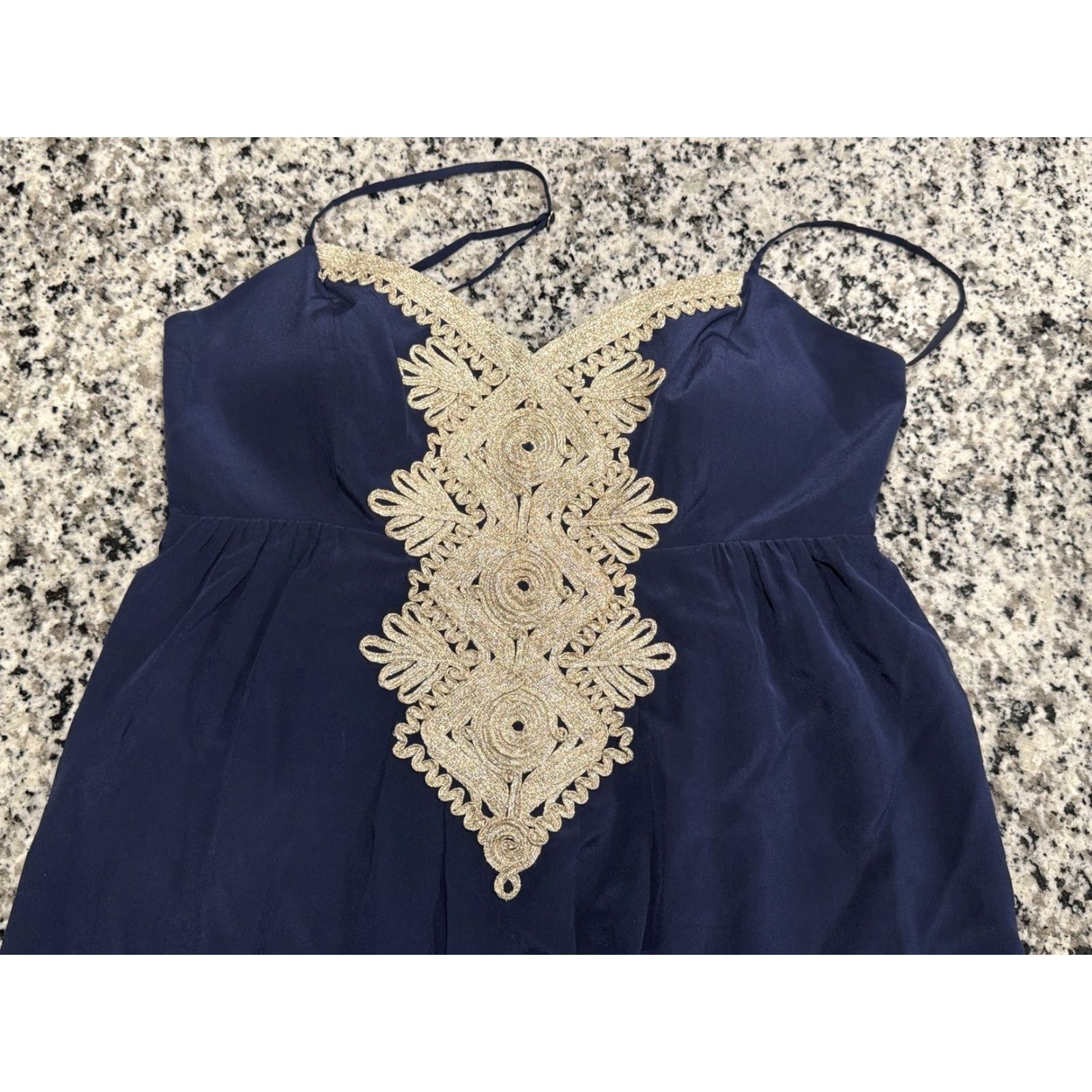 Lilly Pulitzer VINTAGE Lilly Pulitzer Women's Dress Sz 10 Silk A-Line Preppy Navy Gold Embroidery Short Size L / US 10 / IT 46 - 5 Thumbnail