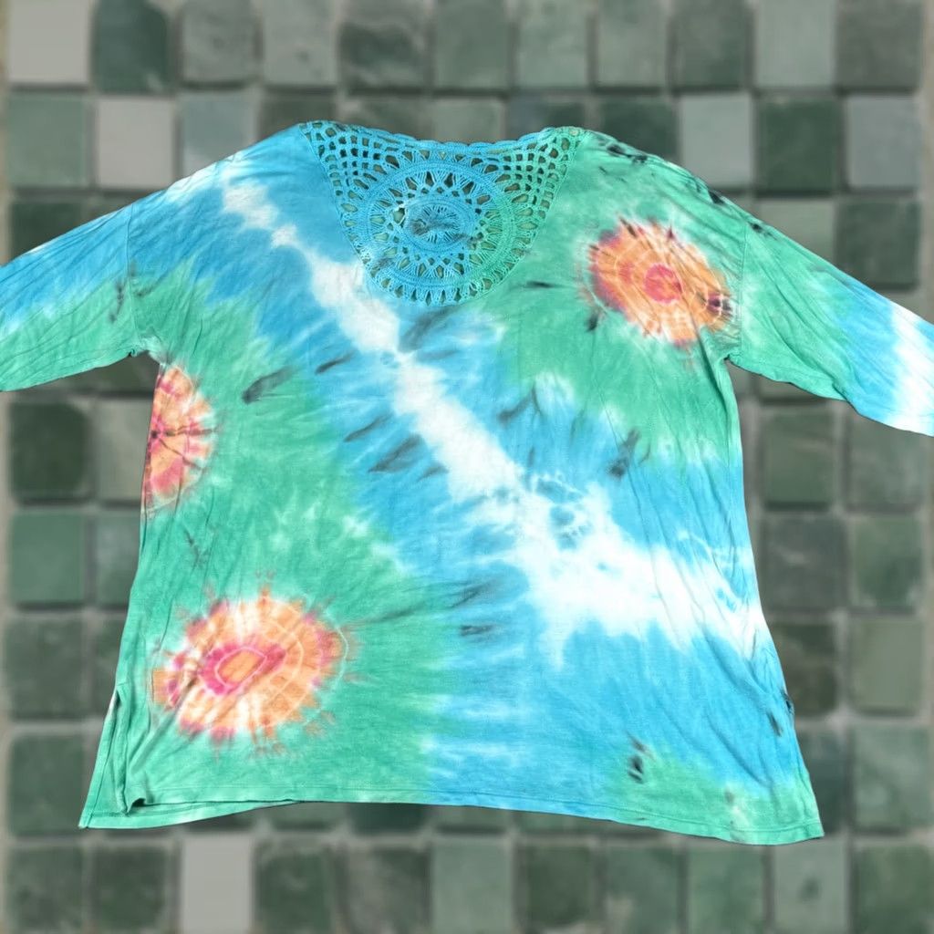 Vintage Thomas & Olivia Tie Dye Crochet Blouse Shirt Top 1X Blue Green Orange Coastal Womens T-Shirt Size XL / US 12-14 / IT 48-50 - 1 Thumbnail