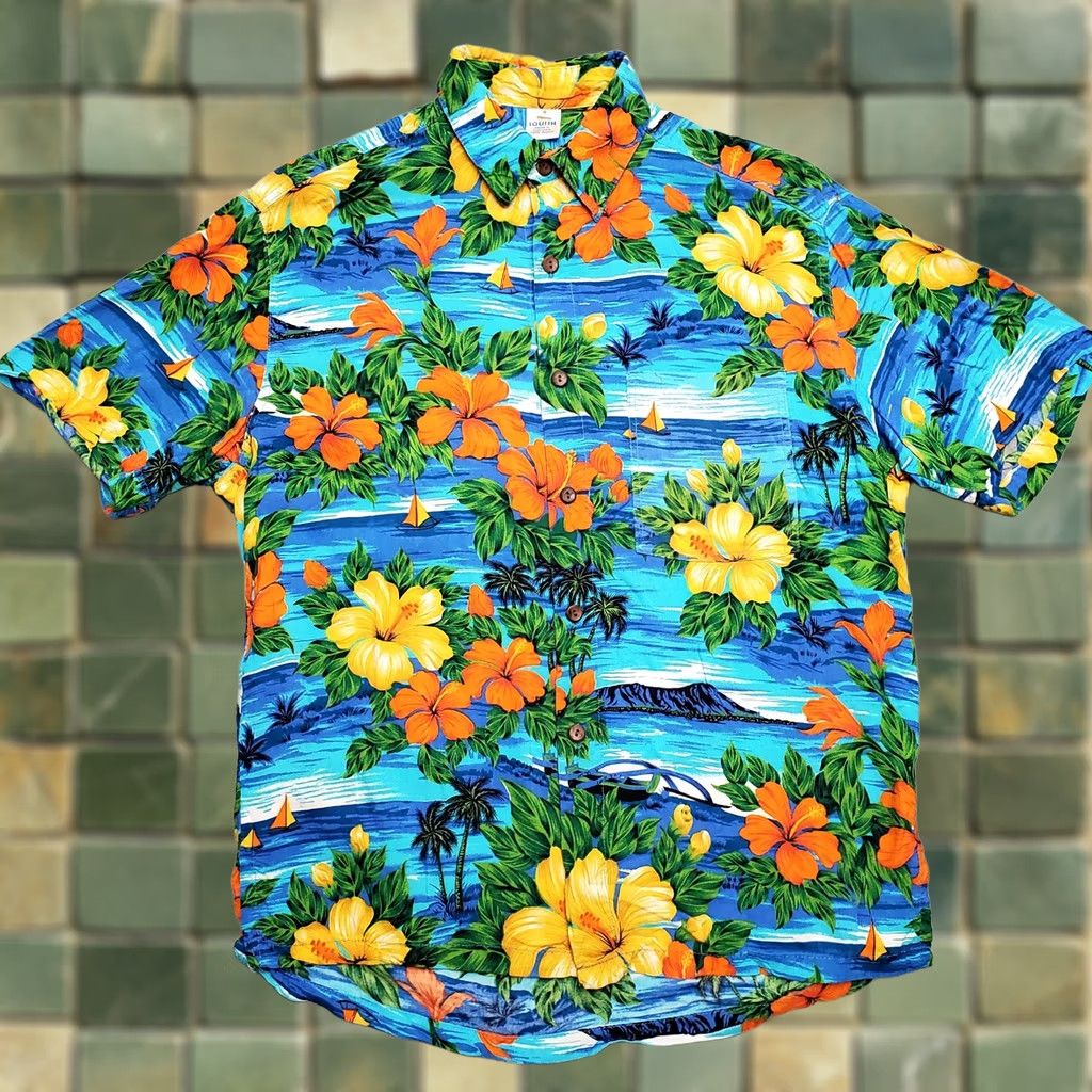 Vintage Squish Shirt Mens Small Blue Orange Hibiscus Palm Ocean Waves 100% Rayon Casual Shirt, Floral, Short Sleeve, Button-Up, Viscose, Mens Size US S / EU 44-46 / 1 - 1 Thumbnail