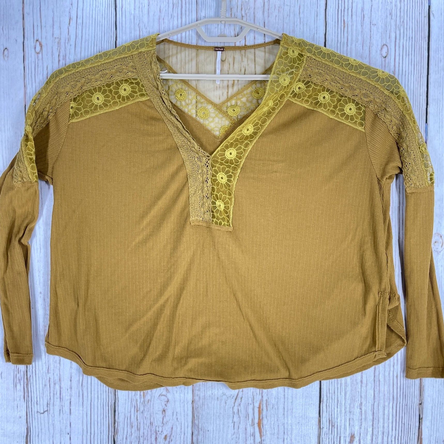 Free People Free People Top Shirt S Mustard Brown V-Neck Long Sleeve Lace Trim Boho Shirt Womens long sleeve casual pullOver lightweight B Size S / US 4 / IT 40 - 3 Thumbnail