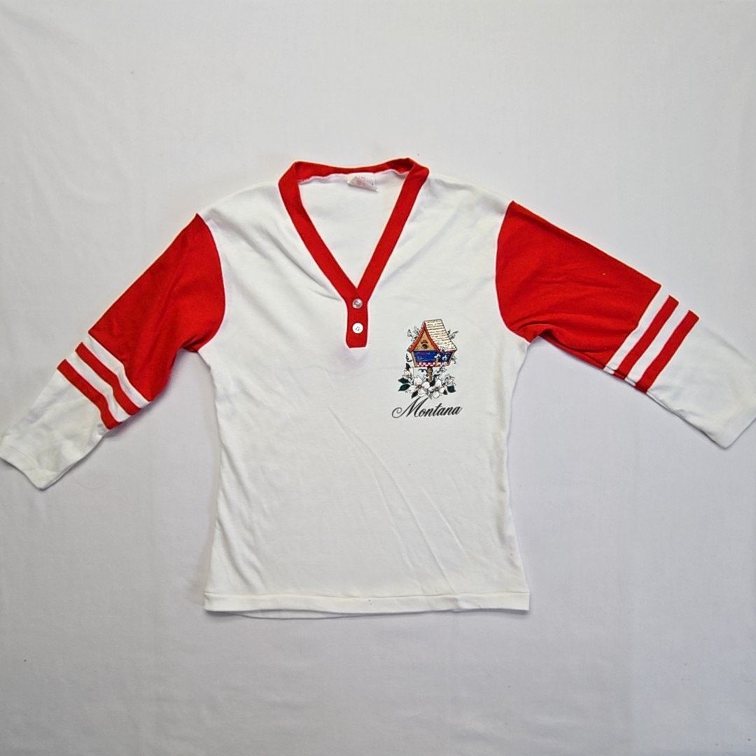 Vintage Vintage Montana Raglan Shirt Red White Le Riche S Tee 90s Size S / US 4 / IT 40 - 1 Thumbnail