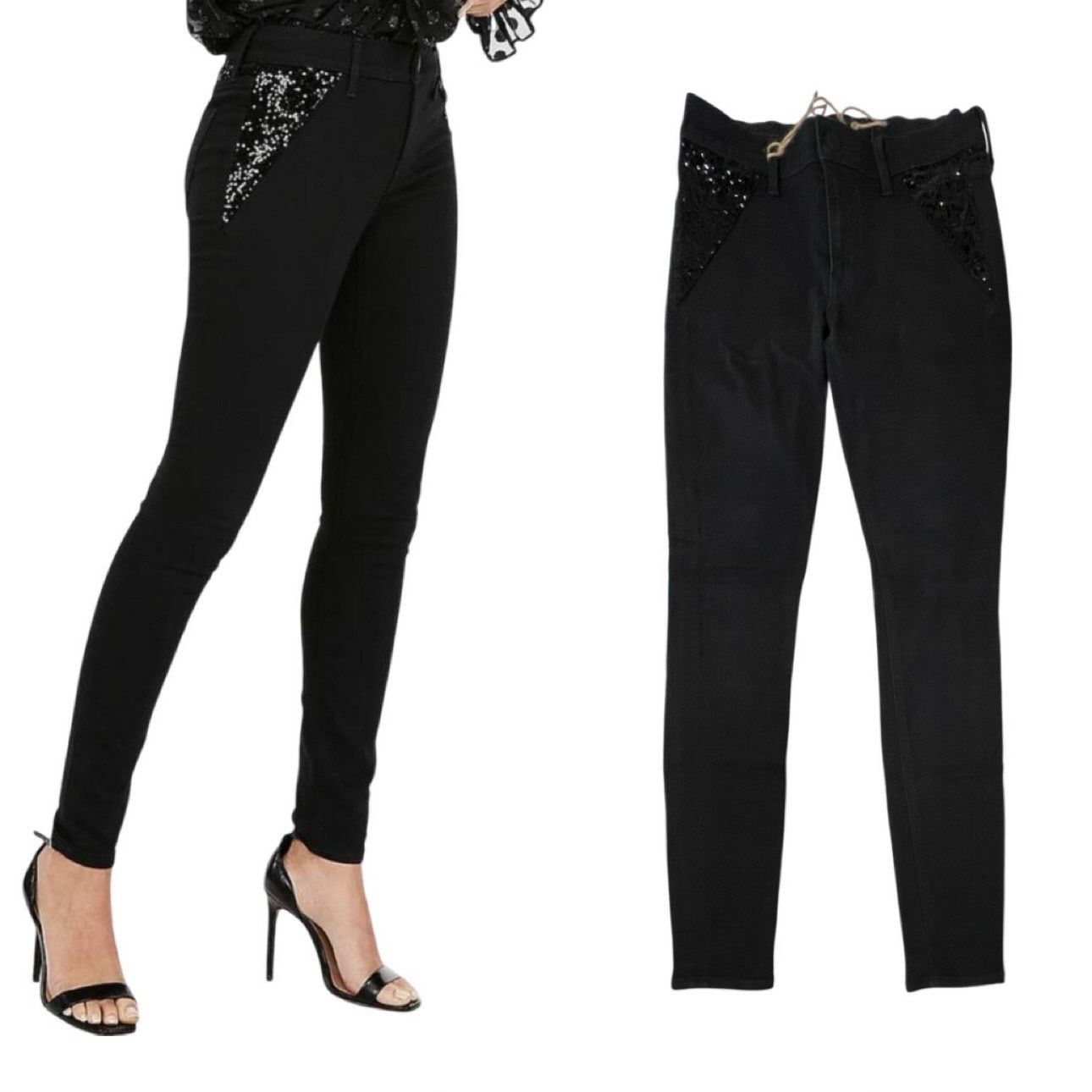 Express Express Sequin Skinny Black Jeans Stretch 4 Tall Y2k Baddie Size 27" / US 4 / IT 40 - 1 Thumbnail