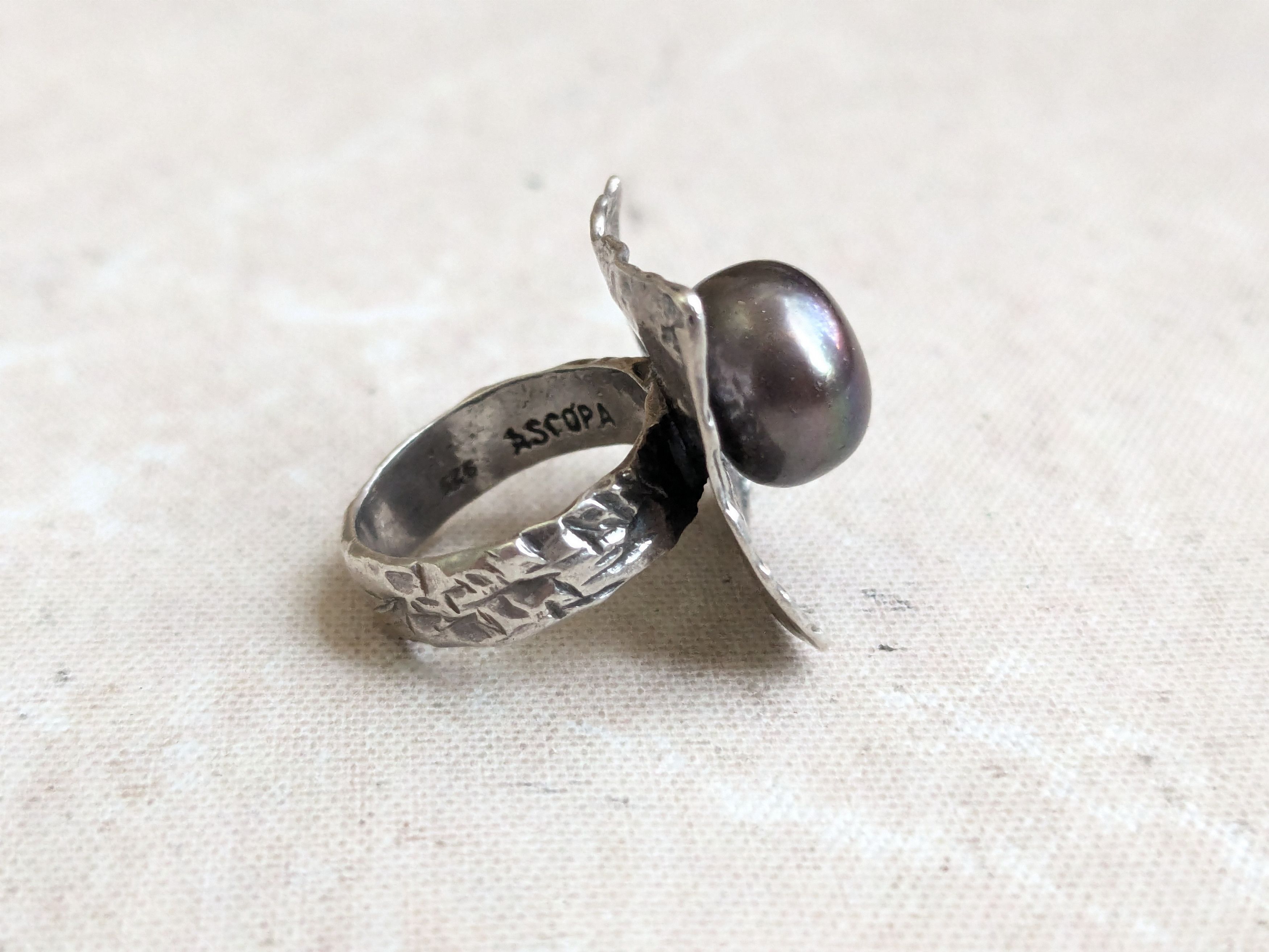 Sterling Silver Ascopa Sterling Silver Ring Black Pearl 4.5 Hammered Size ONE SIZE - 3 Thumbnail
