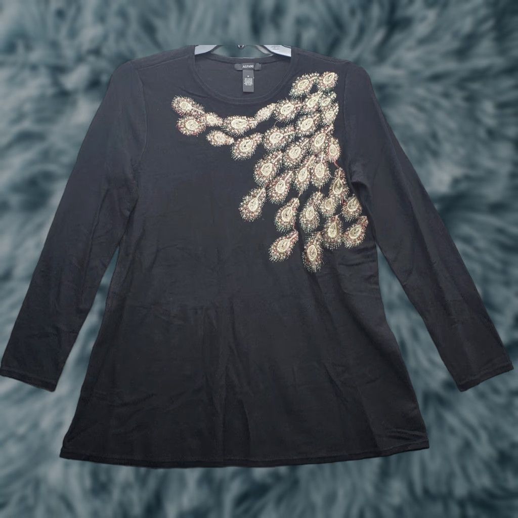 Alfani Alfani Womens Tunic Blouse M Black Embroidered Rose Peacock Sequin Pullover Crew Neck Long Sleeve Shirt 90s Outdoor Size M / US 6-8 / IT 42-44 - 1 Thumbnail