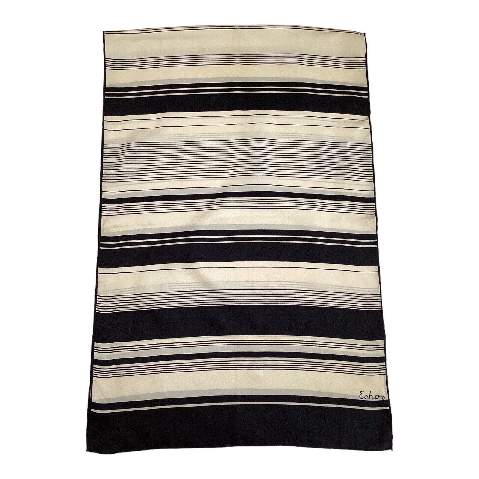 Ecco ECHO White Black Hirizontal Striped Rectangle Silk Scarf 46’ Size ONE SIZE - 3 Thumbnail
