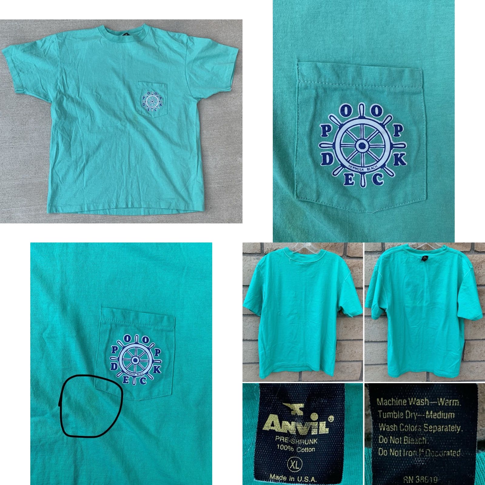 Anvil VINTAGE Anvil T-Shirt Pocket Tee Shirt 80s 1980s Hermosa Beach POOP DECK The ‘88 XL Green Cotton Mens Size US XL / EU 56 / 4 - 10 Thumbnail