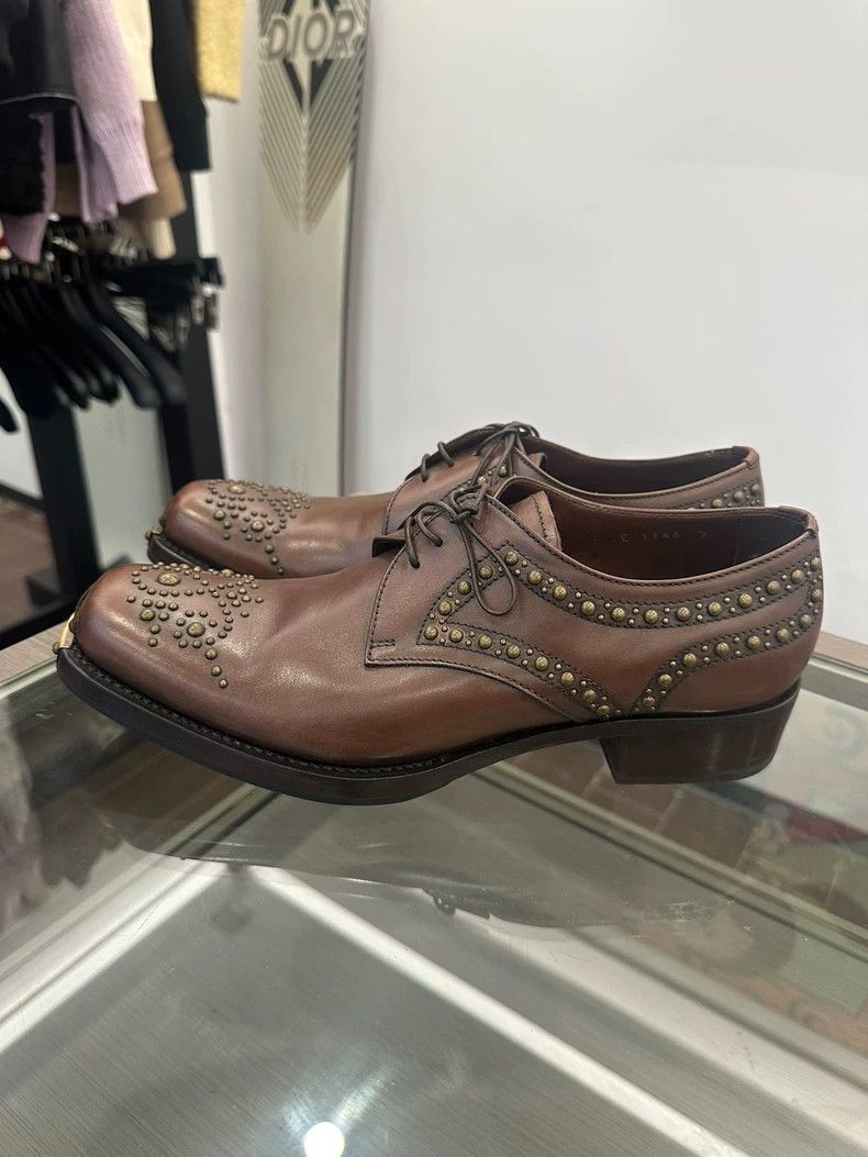 Prada Miumiu Brown Vintage Leather Shoes with Studs -2505 Size US 7 / EU 40 - 3 Thumbnail