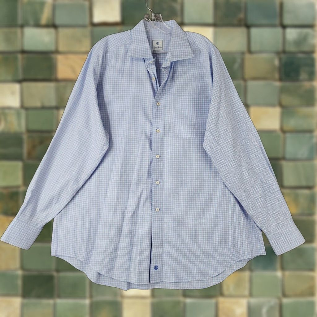 David Donahue DAVID DONAHUE Dress Shirt Men’s Blue Plaid 2XL Long Sleeve 100% Cotton Slim/Regular Chest 28 in 34 in Dress Shirt Mens Size 48R - 1 Thumbnail