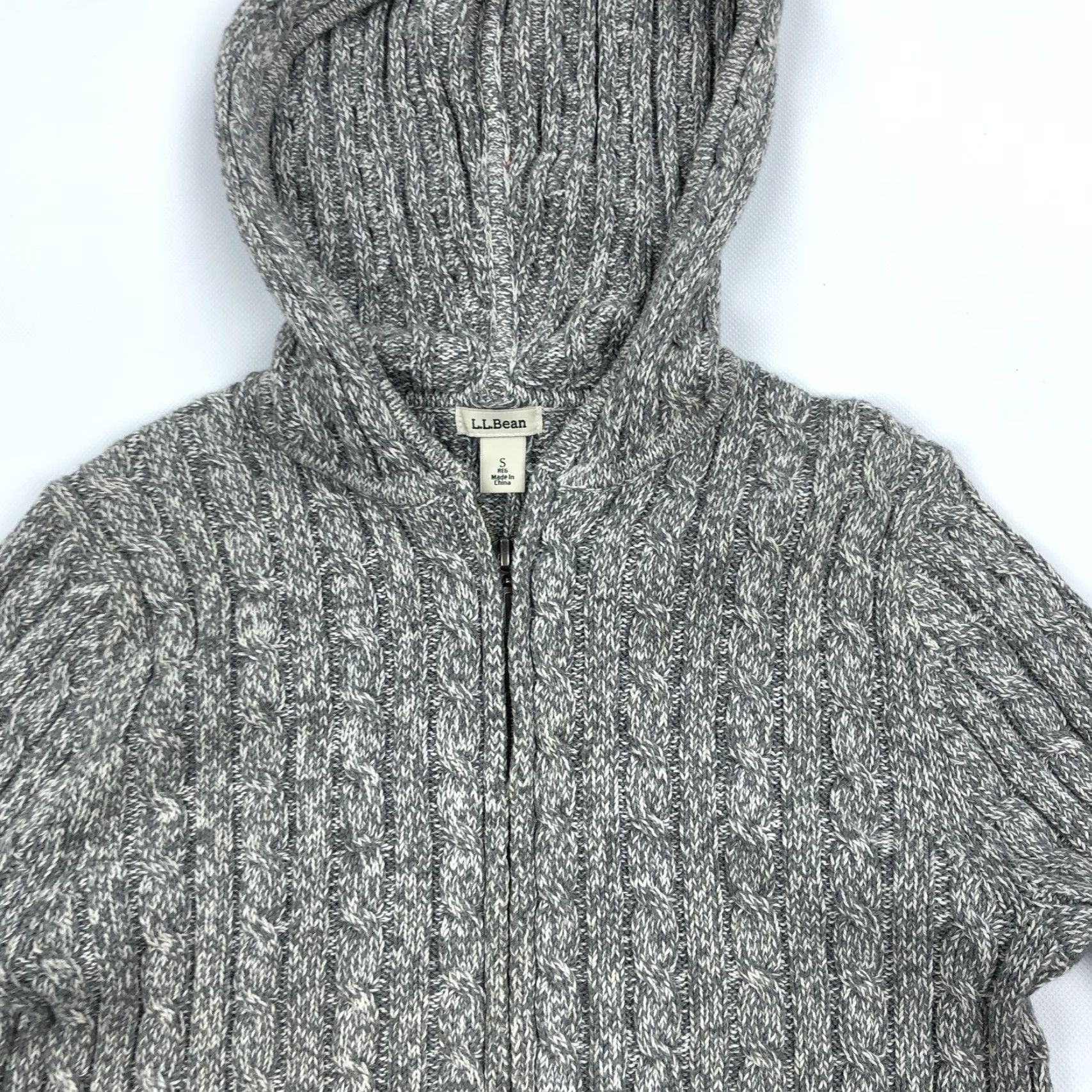 Vintage L.L.Bean Women's S 100% Cotton Cable Knit Full Zip Hooded Sweater Heather Gray Size S Regular Knit Style Full Zip Casual Size S / US 4 / IT 40 - 2 Thumbnail