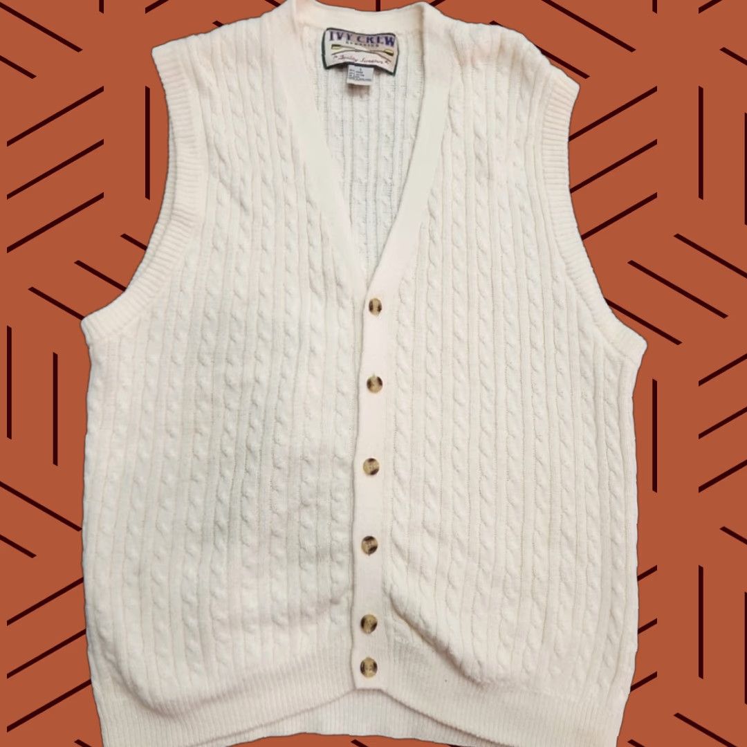 Vintage VINTAGE Ivy Crew Sweater Vest Men Large White Cable Knit 90s Ramie Cotton V-Neck Size US L / EU 52-54 / 3 - 1 Thumbnail