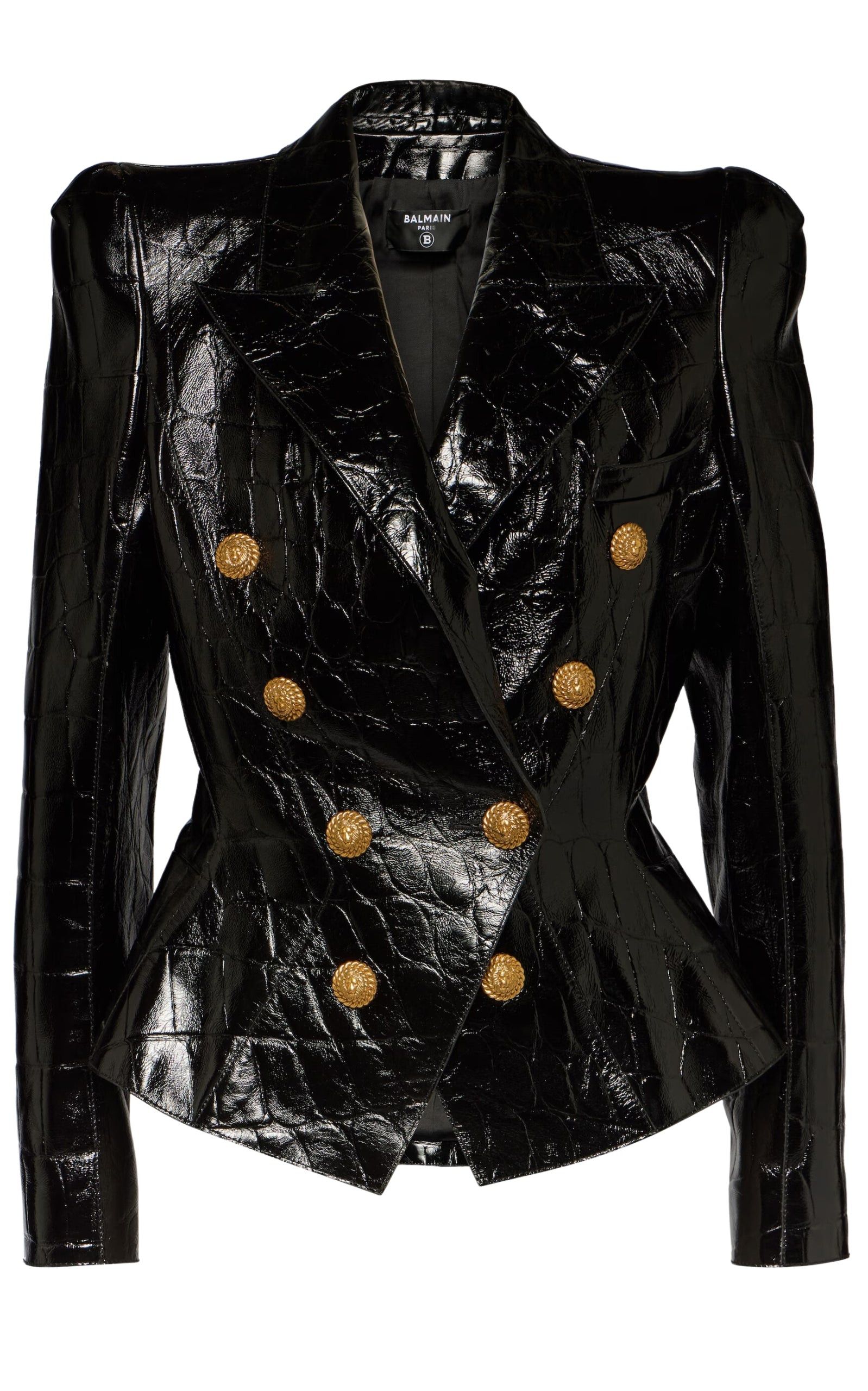 Image of Balmain Croc-Effect Leather Blazer in Black, Women's (Size Small)