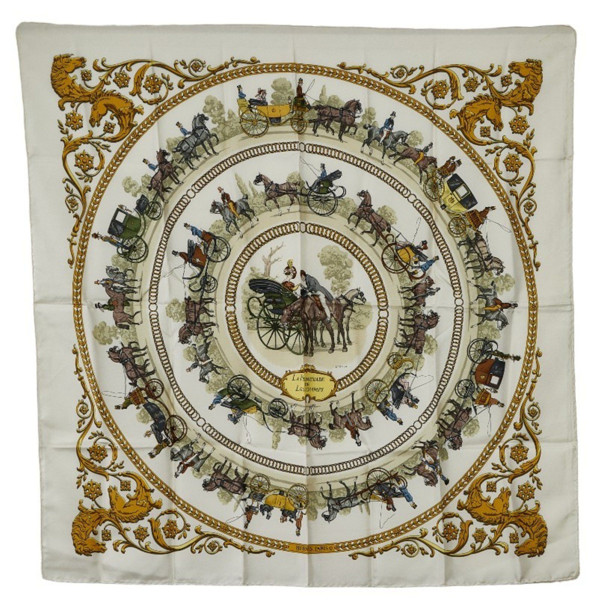 image of Hermes Carré 90 La Promenade De Longchamps Stroll To Longchamp Scarf Muffler White Multicolor Silk 