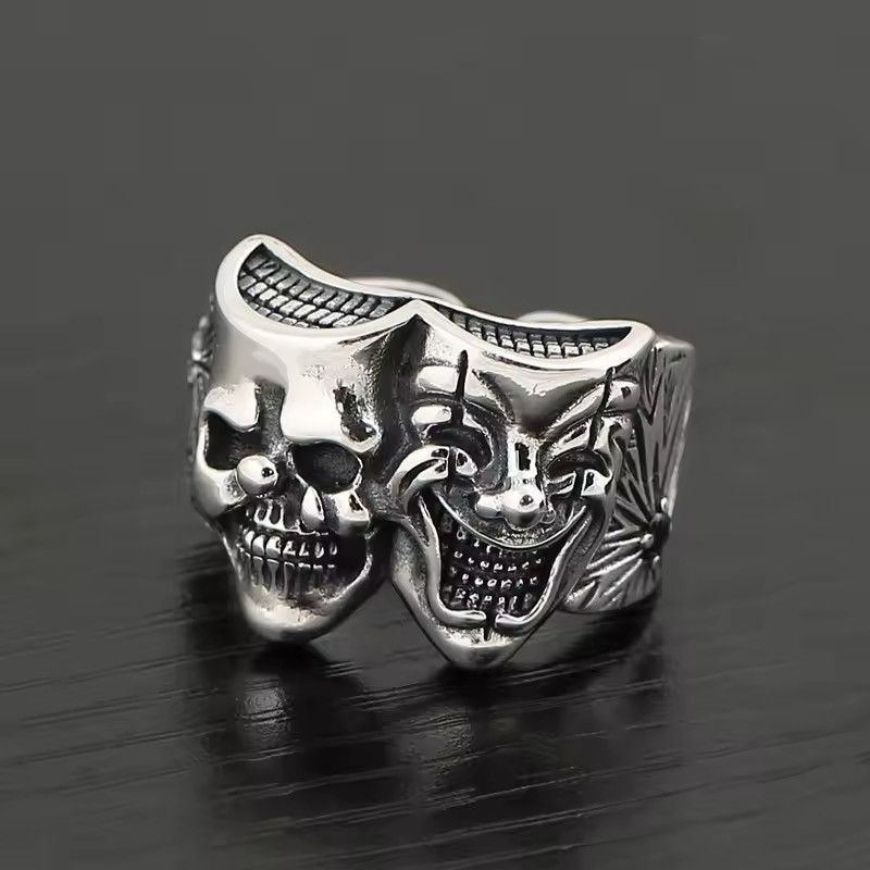 Jewelry x Vintage Gothic Two Face Joker Adjustable Ring in Silver, Men's