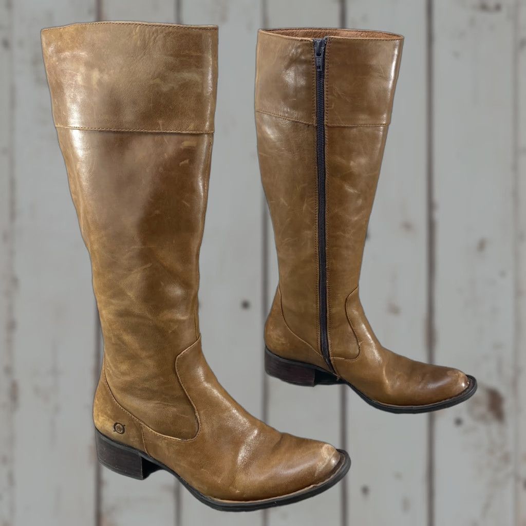 Born Born Brown Leather Knee High Pull On Tall Riding Boots Side Zipper Womens SZ 7 M Size US 7 / IT 37 - 1 Thumbnail