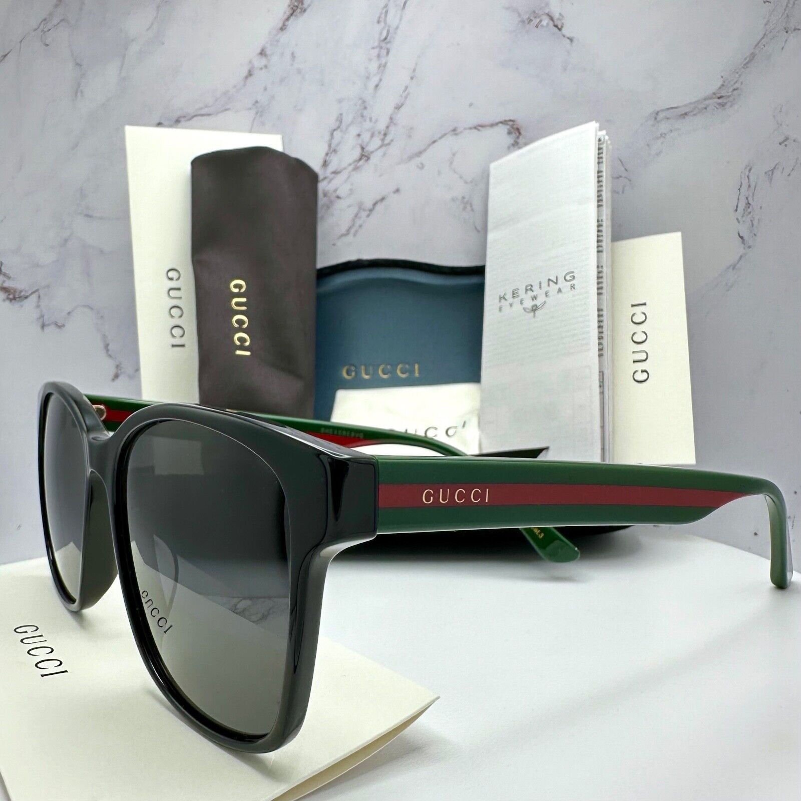 New Gucci Sunglasses Black Square Red Green Web Arms Gold Metal GG Logo http:// main image 2