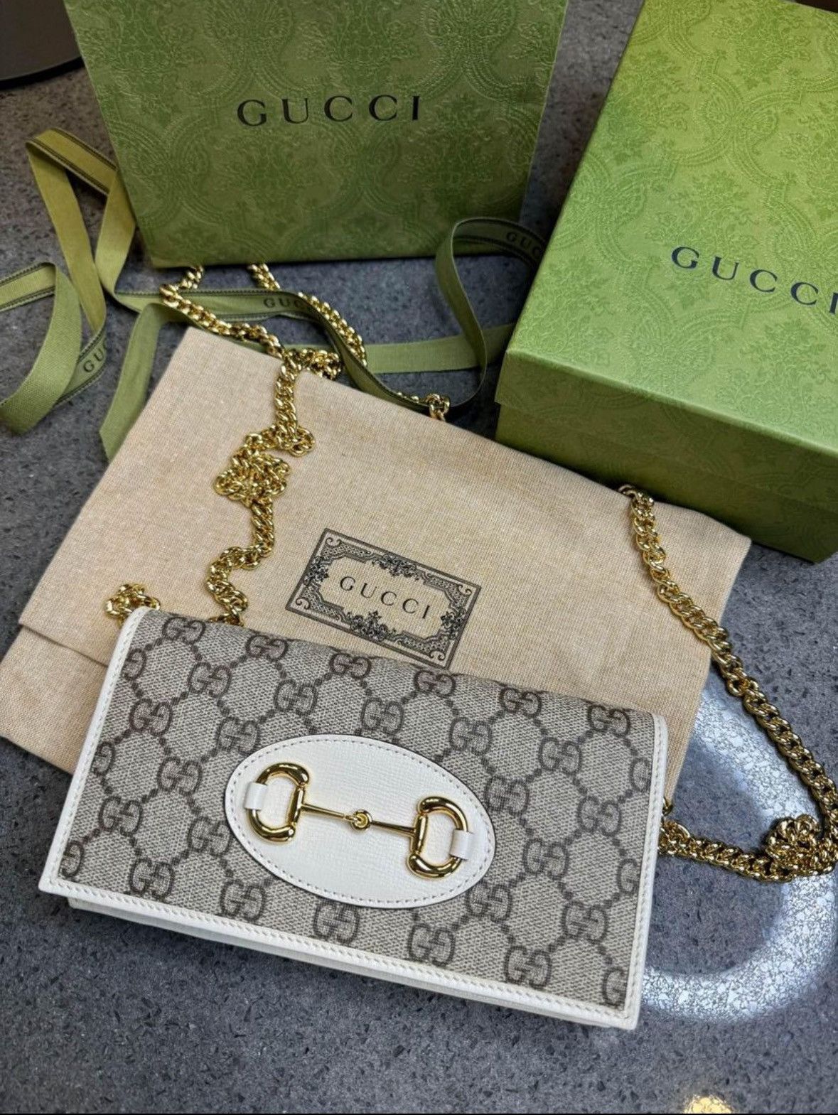 image of New Gucci Horsebit 1955 Wallet With Chain in Beige, Women's