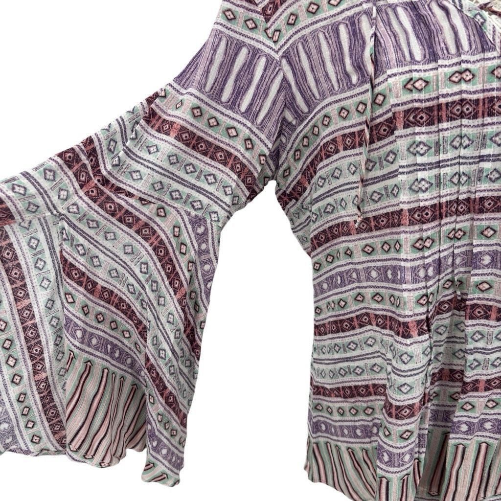 Other Vintage America Blues Aztec Tribal Bell Sleeve Boho Blouse Purple White Large Size L / US 10 / IT 46 - 6 Thumbnail