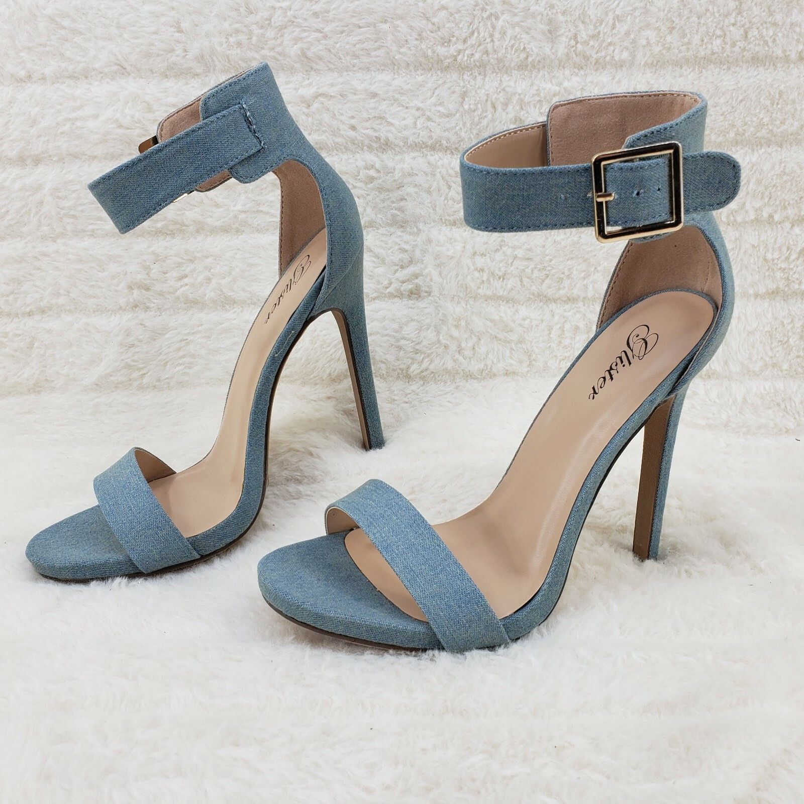 Other Sexy Light Blue Denim Ankle Strap 4.5" High Heel Shoes Heels Size US 6 / IT 36 - 1 Thumbnail