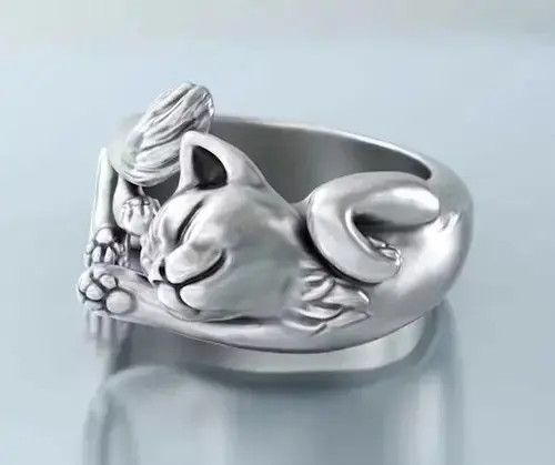 Jewelry x Racing Fashion Punk Gothic Adjustable Sleeping Cat Ring in Silver, Men's