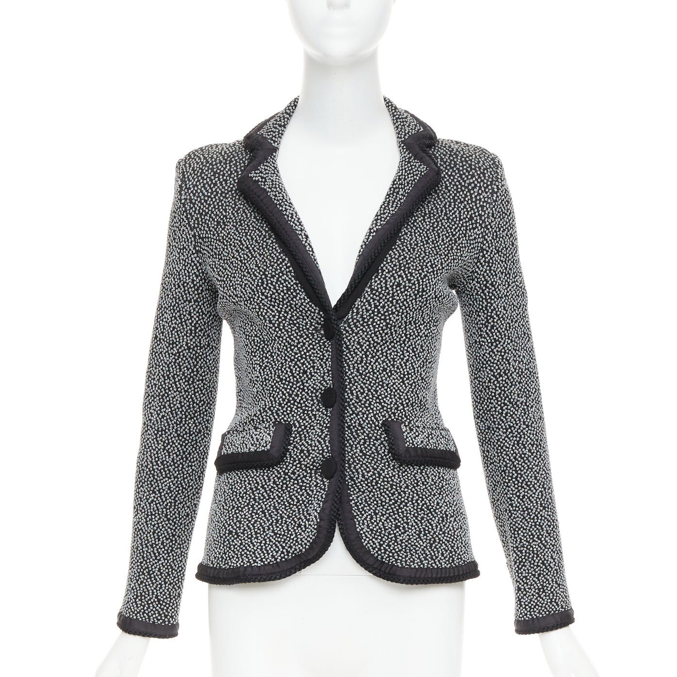 EMPORIO ARMANI silver lurex boucle applique black trim knit blazer IT40 S