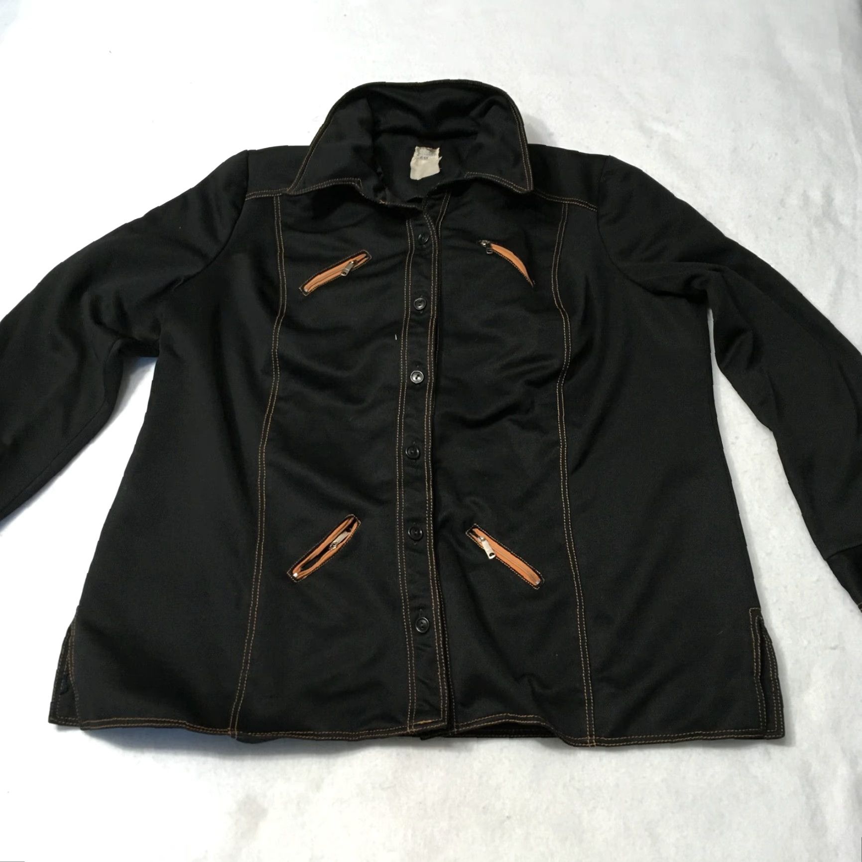 Vintage VINTAGE London Lass Shirt XL Black Cotton Woven Button-Up Zip Collar Spread USA 1970s 70s Distress Mens Size US XL / EU 56 / 4 - 2 Thumbnail