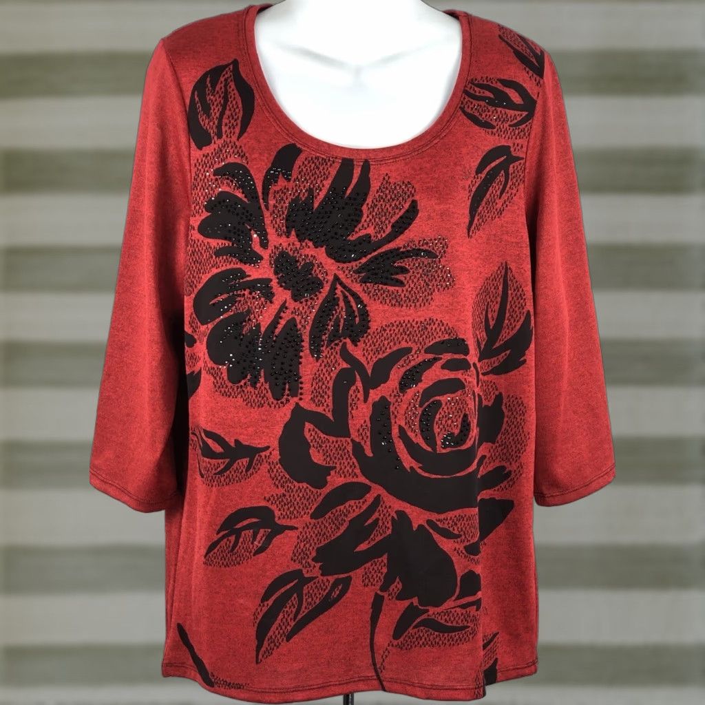 Vintage Onque Pullover Top Red Floral Roses 3/4 Sleeve Beads Whimsigoth Fairy Blouse Women PM XS-XL Size M / US 6-8 / IT 42-44 - 1 Thumbnail
