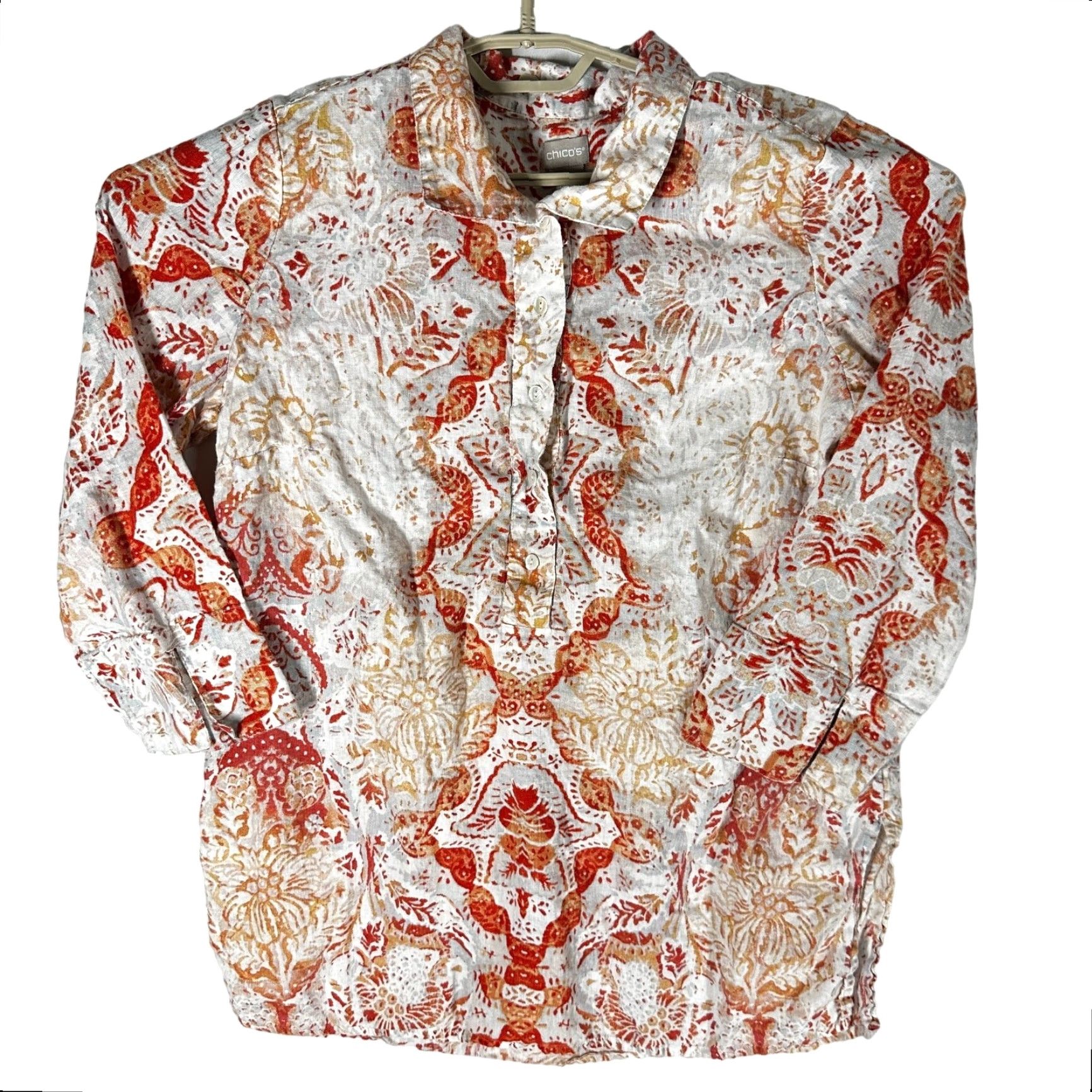 Vintage Chicos Tunic 100% Linen Blouse Orange Paisley Lagenlook Artsy Bohemian Linen Top Womens 12 Long Sleeve Casual Dressy Vintage? Size XL / US 12-14 / IT 48-50 - 2 Thumbnail