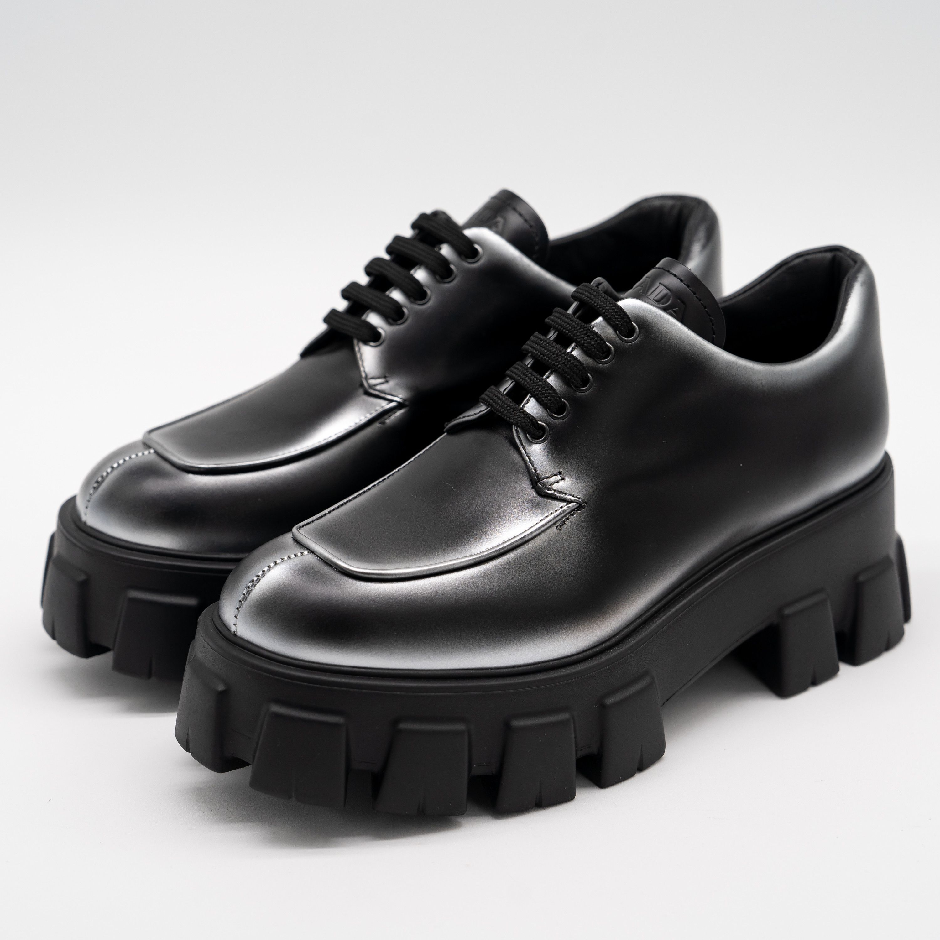 Prada Prada Monolith Brushed Leather Lace-up Shoes Black Silver Size US 9.5 / IT 39.5 - 1 Thumbnail