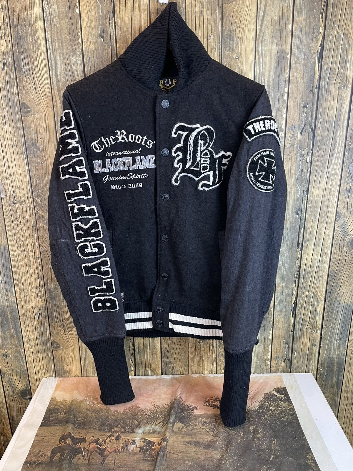 Vintage Black flame embroidery cross Varsity Jacket Size US S / EU 44-46 / 1 - 13 Thumbnail
