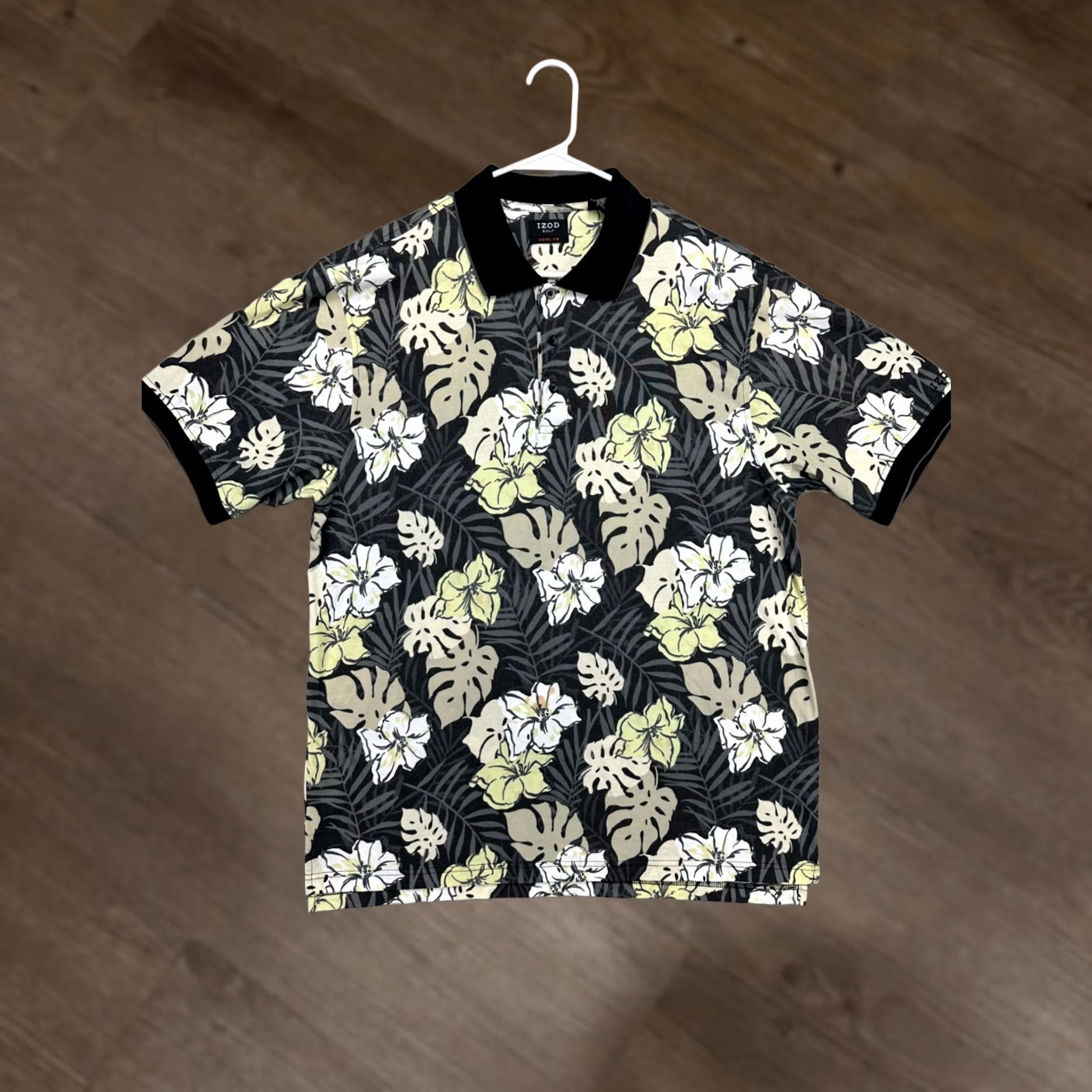 Izod Izod Golf Shirts Adult Large Cool-Fx Black Floral Nylon Blend Polo Rugby Mens Size US L / EU 52-54 / 3 - 1 Thumbnail