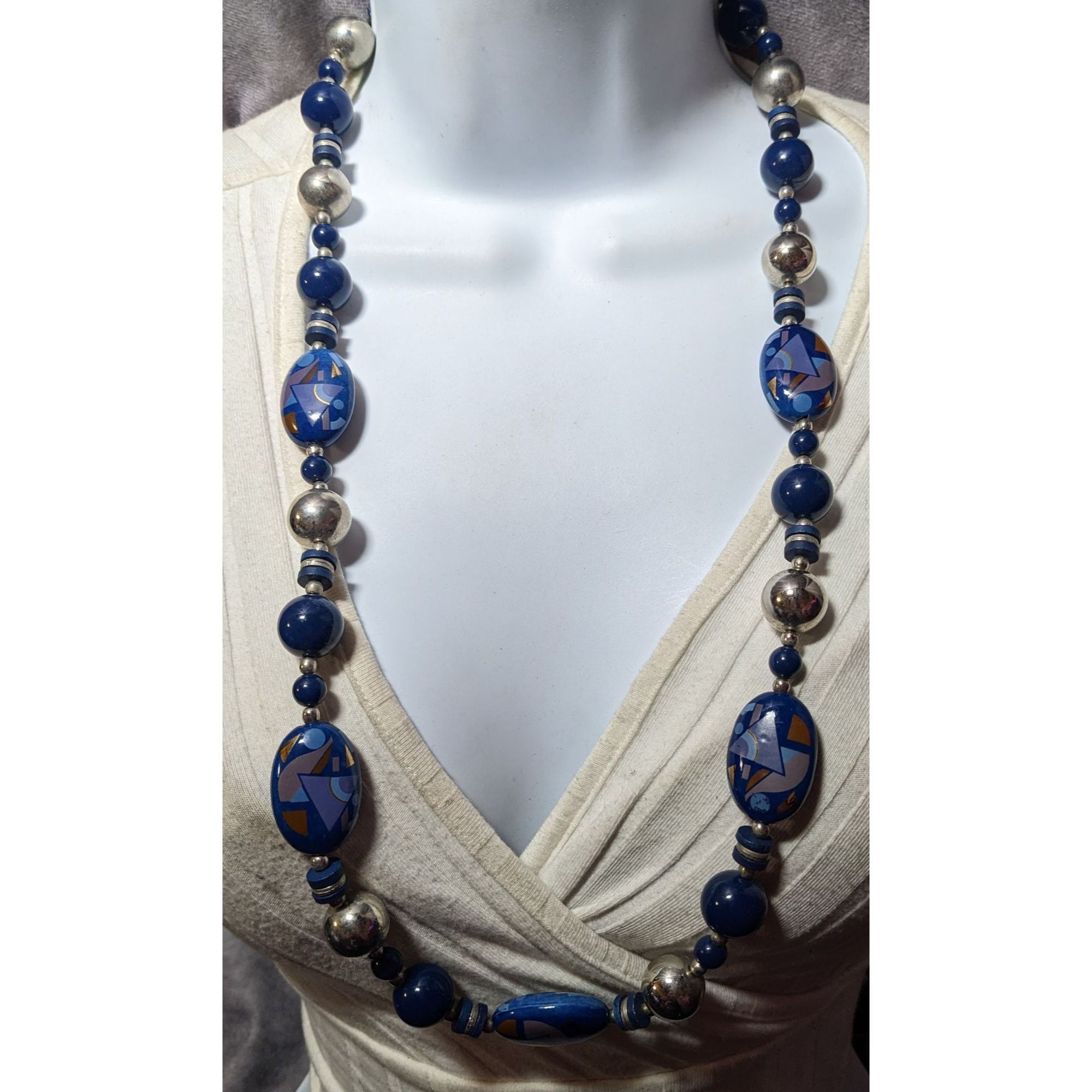 Other Vintage 80s/90s Blue And Silver Geometric Printed Japan Bead Size ONE SIZE - 4 Thumbnail