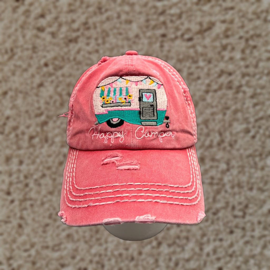 Camper KBethos Happy Camper Beach Cap Hat Adjustable Strap Back One Size Pink Cotton Womens Size ONE SIZE - 1 Thumbnail