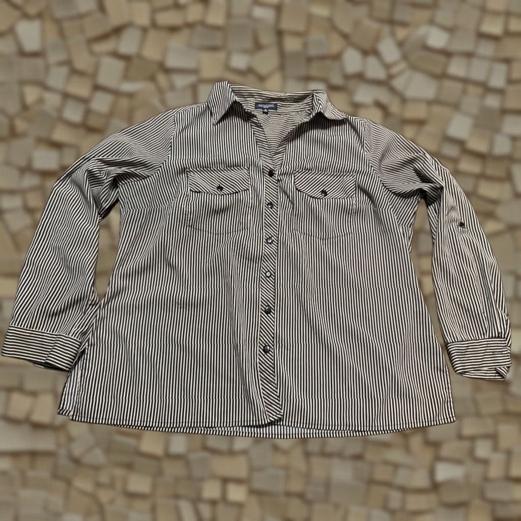 Vintage Notations Shirt, Women's Plus 1X Brown Black Striped Long Sleeve Button Up Shirt Size XL / US 12-14 / IT 48-50 - 1 Thumbnail
