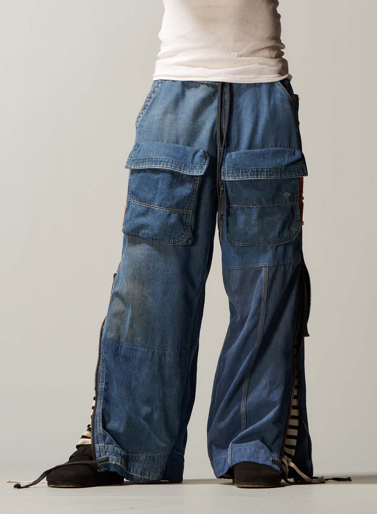Greg Lauren Denim/ Stripe Wide Leg Lounge Zip Pants