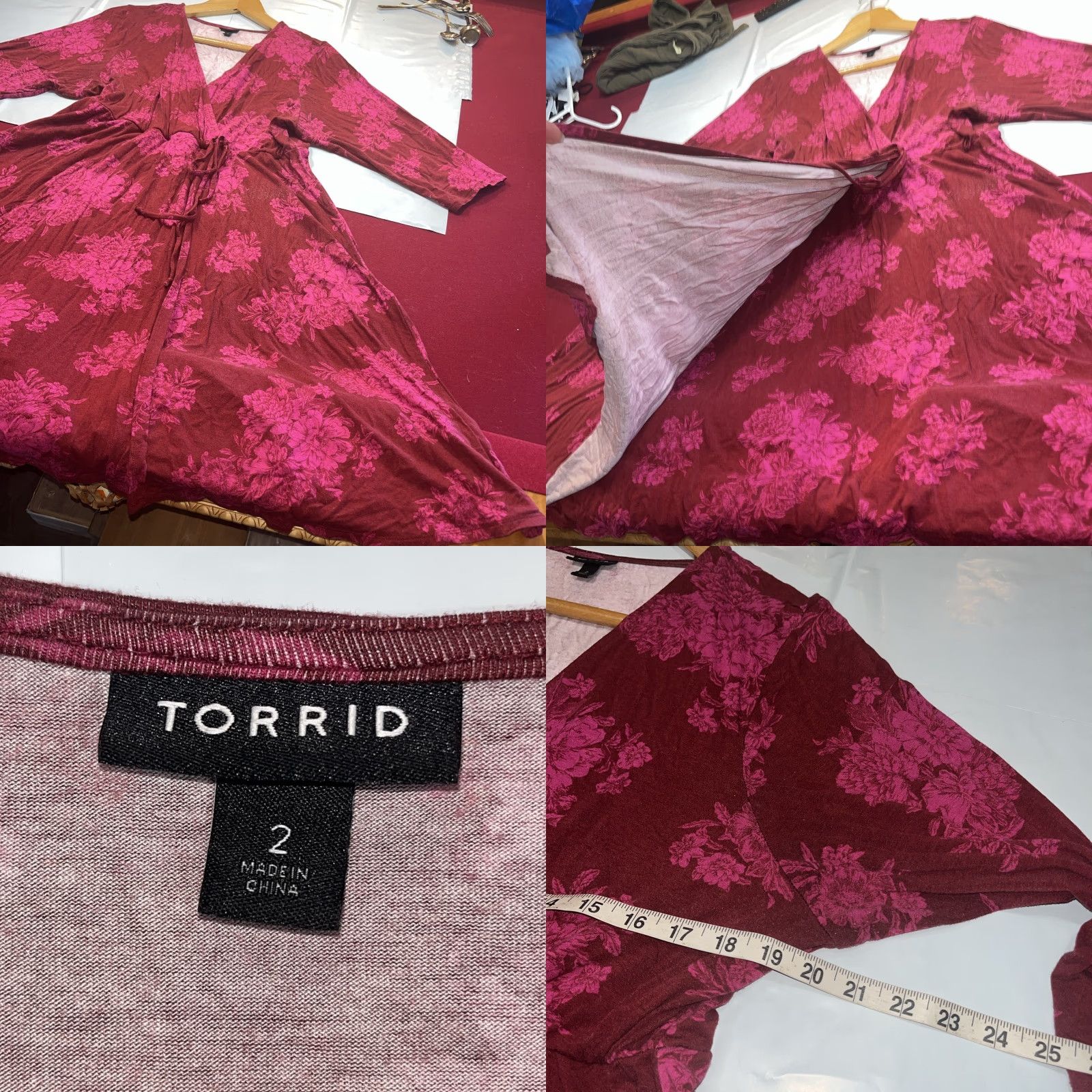 Torrid Torrid Floral Dress V-Neck Wrap Midi 2XL Pink Red Jersey Knit Tie Front Size XXL / US 16-18 / IT 52-54 - 8 Thumbnail