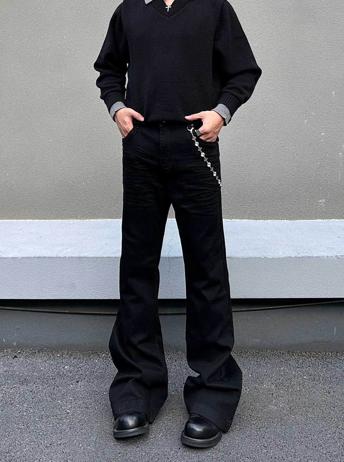 Japanese Brand Black Flared Wide Leg Pants, Men's Casual Trousers Size US 32 / EU 48 - 2 Thumbnail