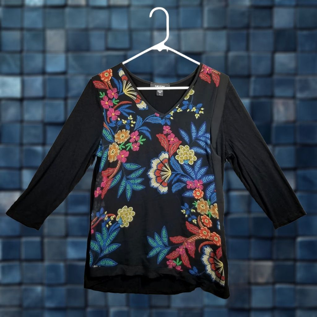 Vintage Karen Kane Blouse Womens Large Black Floral V Neck 3/4 Sleeve Tunic Top Stretch Size L / US 10 / IT 46 - 1 Thumbnail