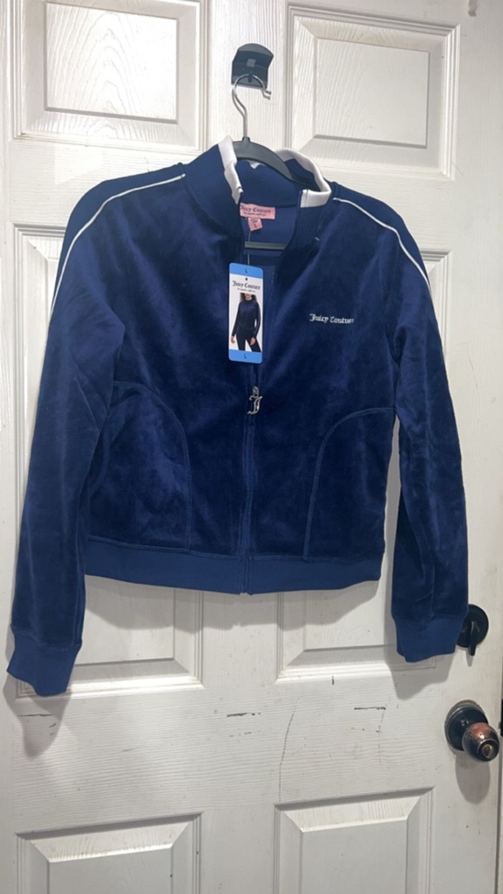 Juicy Couture Women's Juicy Couture Blue Velour Track Jacket L with White Size L / US 10 / IT 46 - 1 Thumbnail