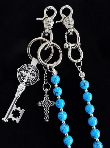 Jewelry Blue Cracked Stone Round Beads Wallet Chain , Jeans Chain Size ONE SIZE - 3 Thumbnail