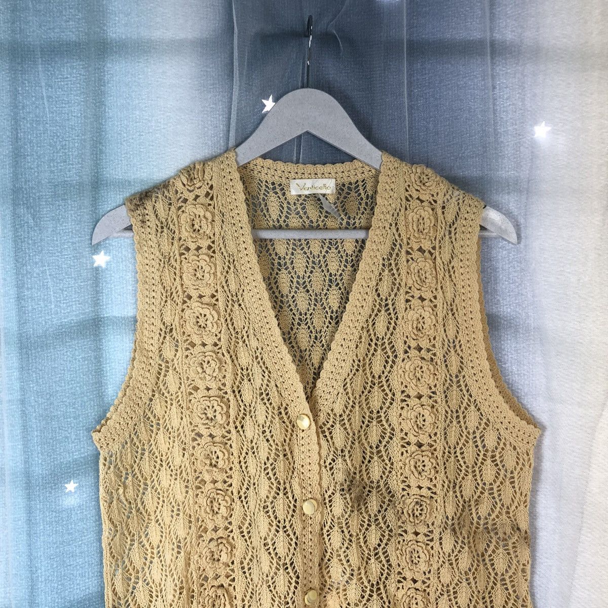 Homespun Knitwear Venticella Brown Mesh Net Crochet Vest Cardigan #7408 Size M / US 6-8 / IT 42-44 - 2 Thumbnail