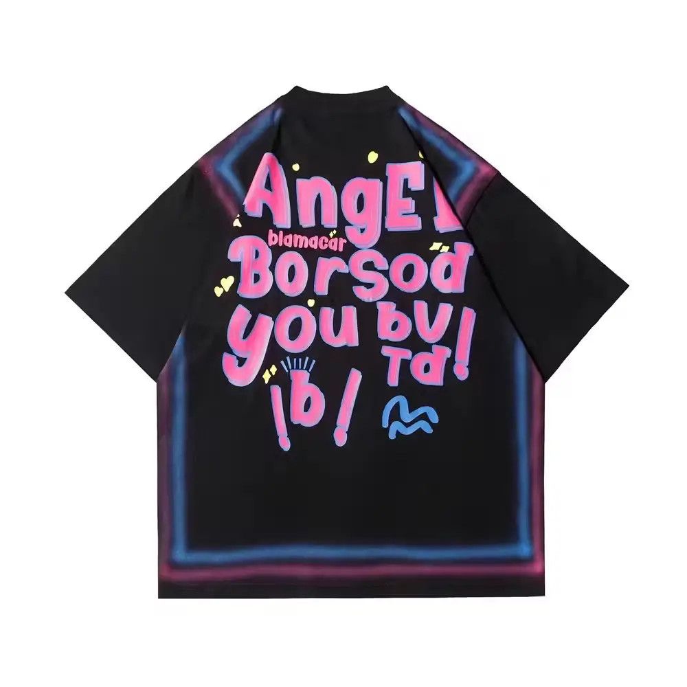 image of Vintage Spray Painted Graffiti Printed Short Sleeved T-Shirt in Black, Men's (Size Large)