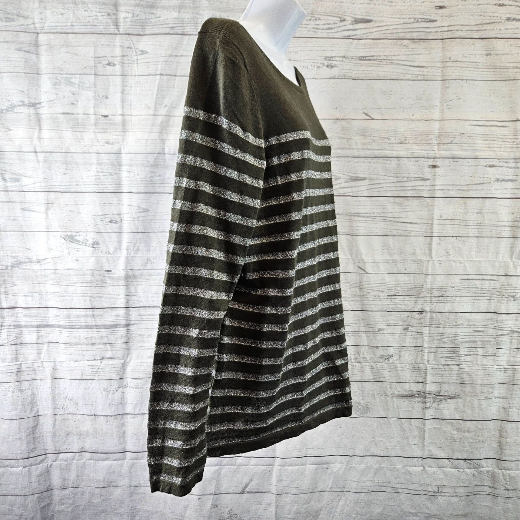 Tommy Bahama Tommy Bahama Womens Knit Top Sz XL Green Silver Striped Cotton Blend Long Sleeve Blouse Women XL Green Silver Striped Knit Top Size XL / US 12-14 / IT 48-50 - 3 Thumbnail