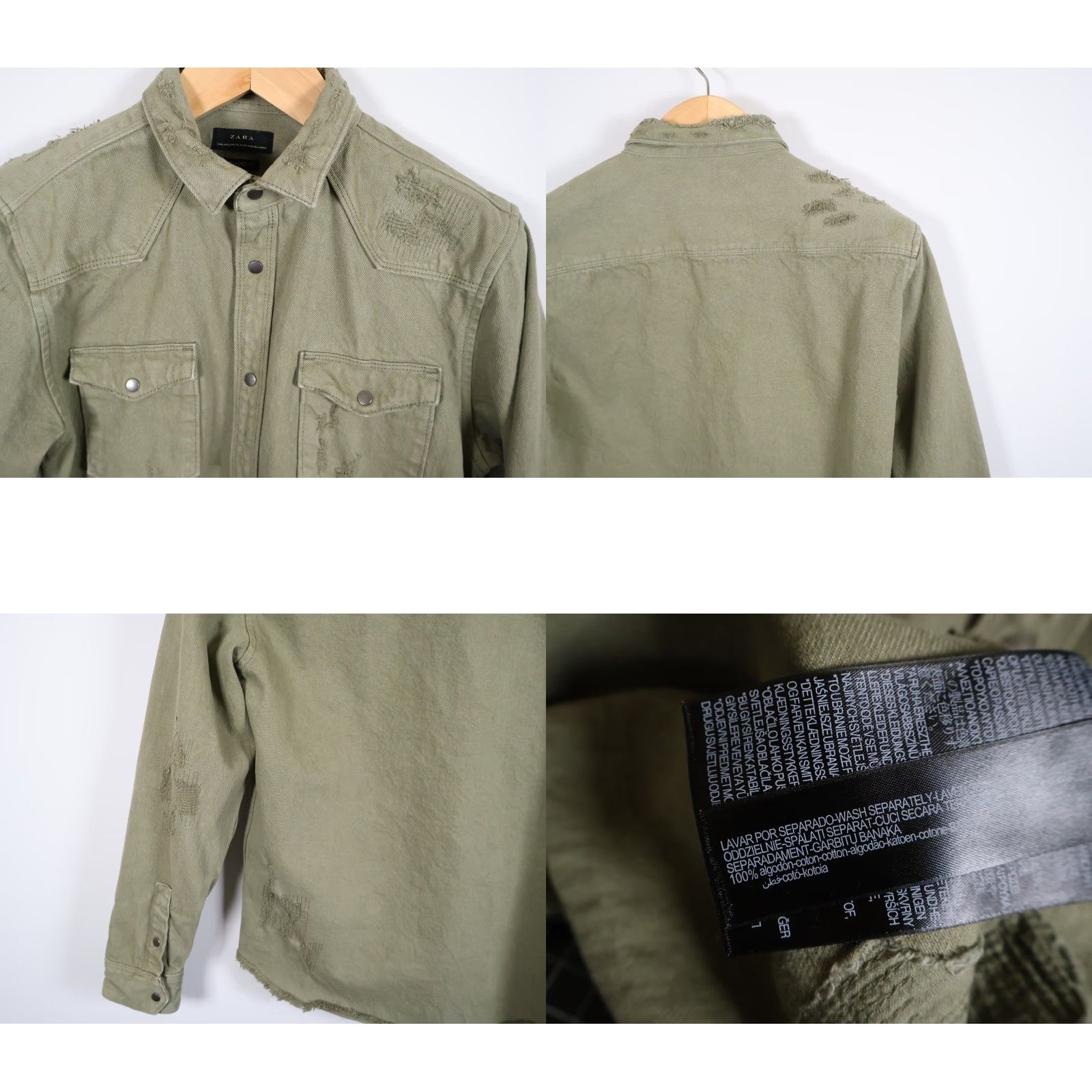 Zara Zara Distressed Denim Shirt Men Large Green Heavyweight Snap Button Western Button-Up Size US L / EU 52-54 / 3 - 9 Thumbnail