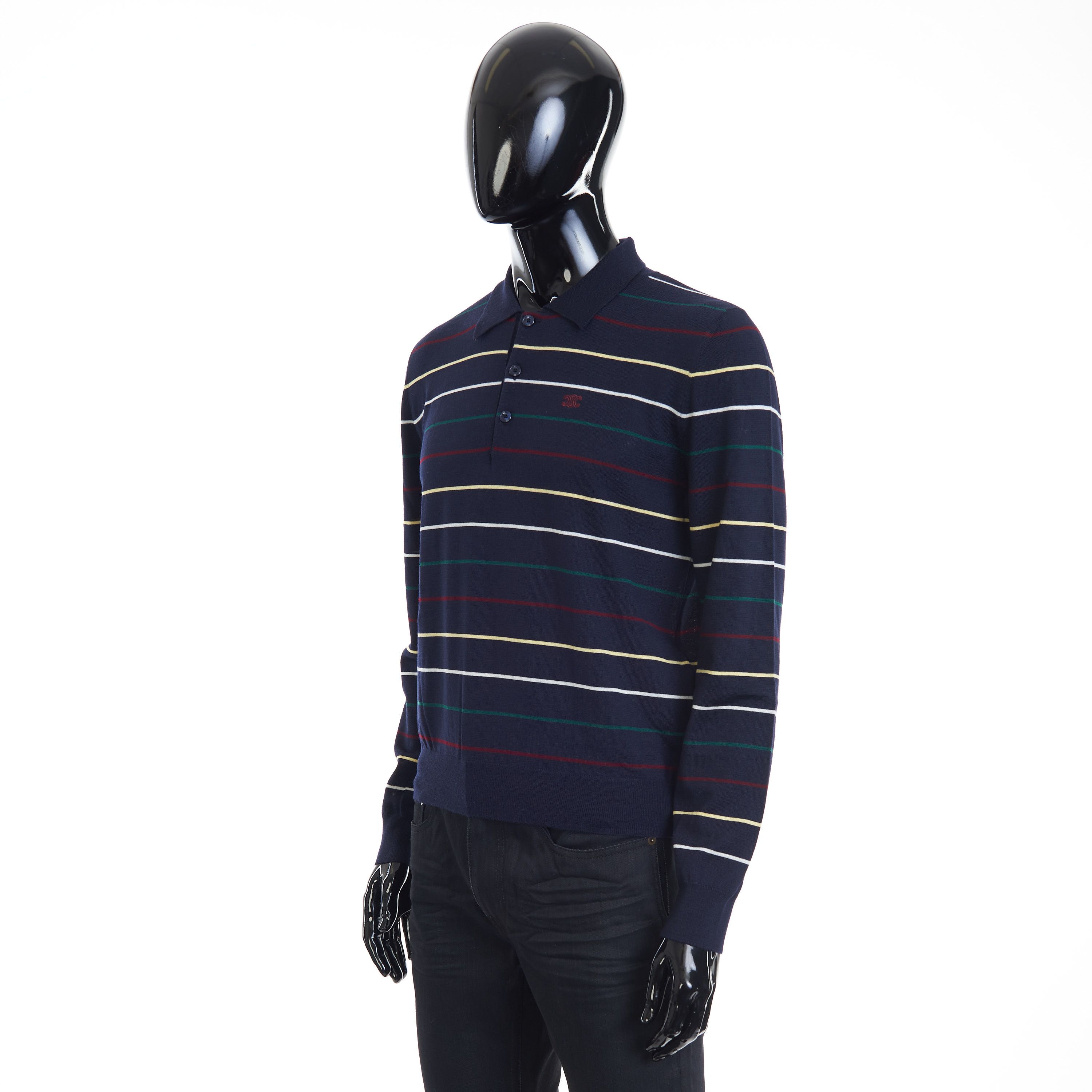 Celine Navy Blue Striped Polo Shirt - Embroidery, Fine Wool Size US L / EU 52-54 / 3 - 2 Thumbnail